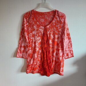 Tricot Chic Italy Red Pink Floral  Pullover Sweater Womenst Split Back Size S/M